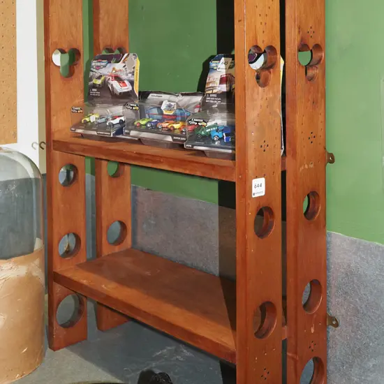 rimu wall mounted shelves with hinged drop front board and decoration to sides H760 W530 D190
