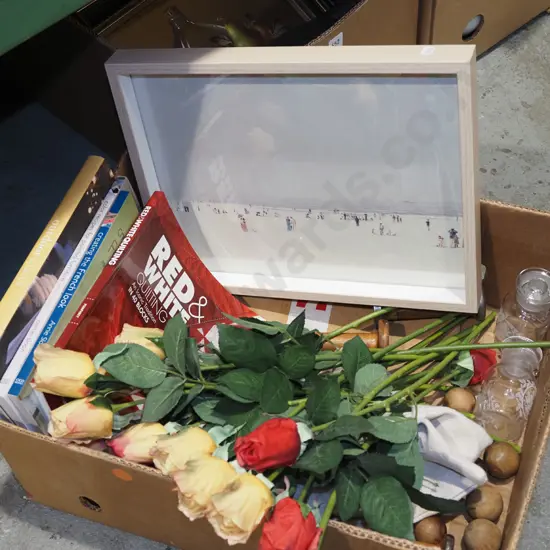 box; dried flowers, wooden bowls, framed print, books etc