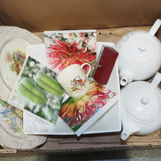 box; teapots, bowls, plates etc