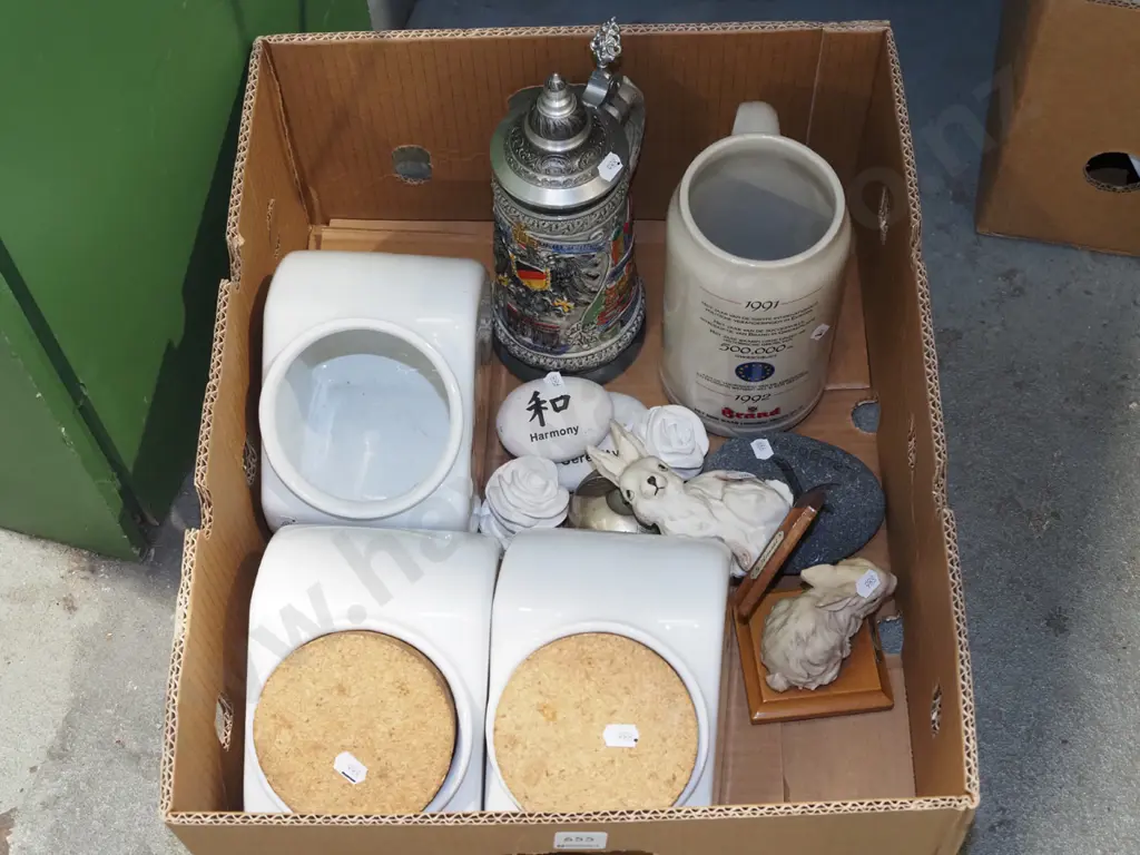 box; storage canisters, beer steins, composite rabbits etc Image 1++