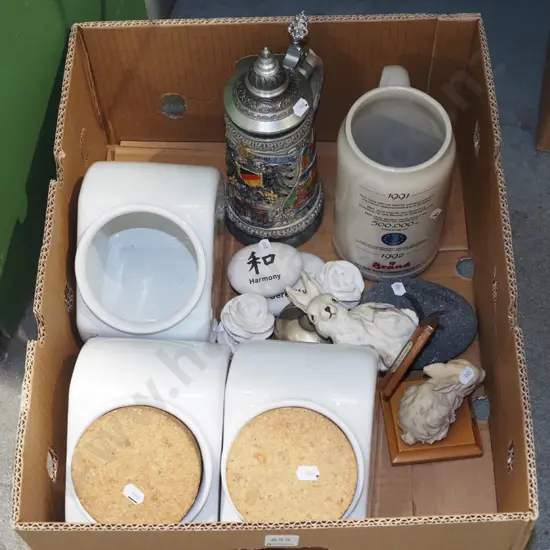 box; storage canisters, beer steins, composite rabbits etc