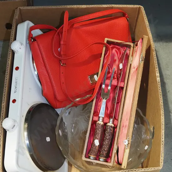 box; hand bags, hot plate, carving set, glass bowl