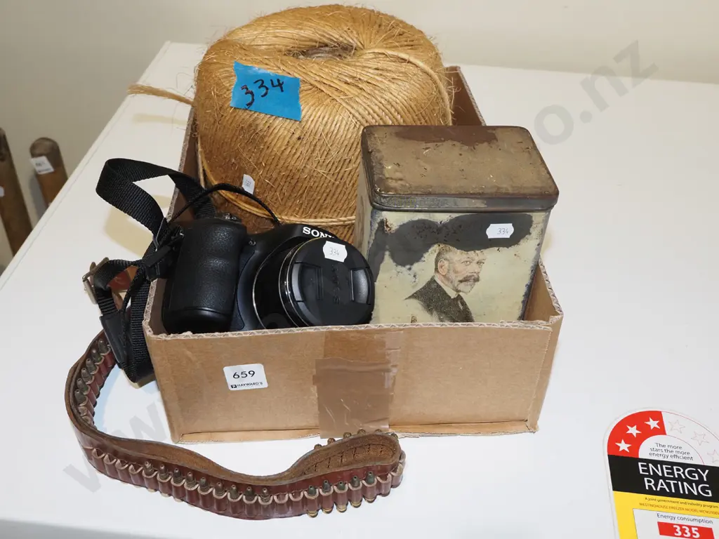box; twine, Sony digital camera, vintage tin Image 1++