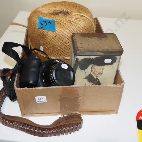 box; twine, Sony digital camera, vintage tin