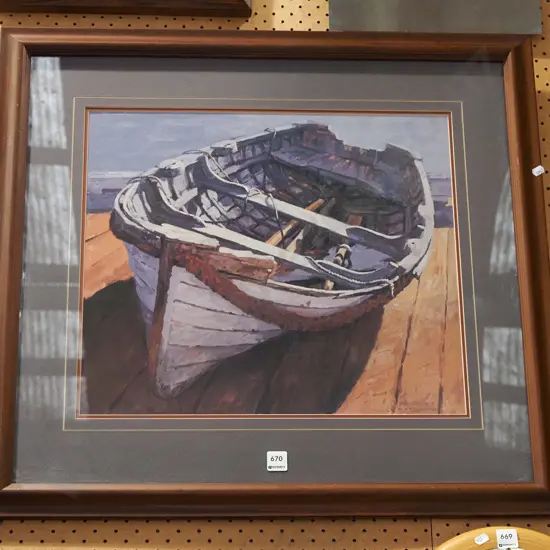 framed W MacCormick print - wooden boat