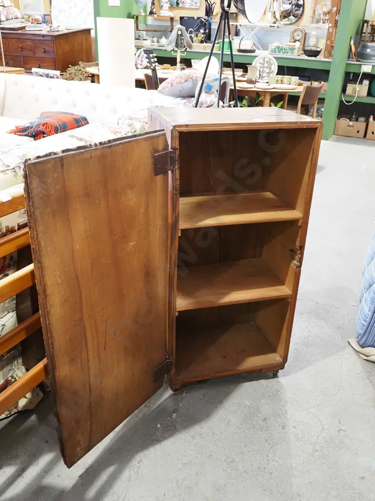 brass bound mahogany travellers trunk converted into single door cupboard with internal shelves Image 1++