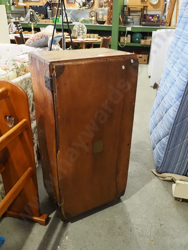 brass bound mahogany travellers trunk converted into single door cupboard with internal shelves Image 1++