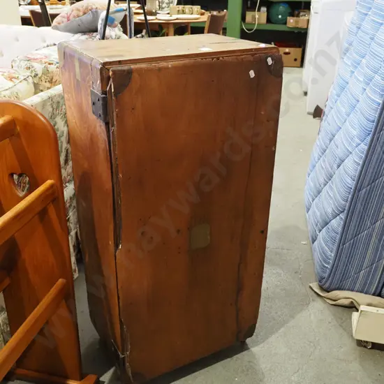 brass bound mahogany travellers trunk converted into single door cupboard with internal shelves