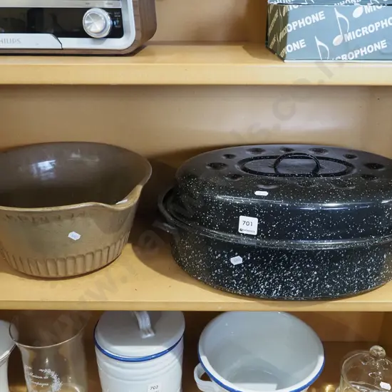 black enamel speckled roasting dish, large mixing bowl
