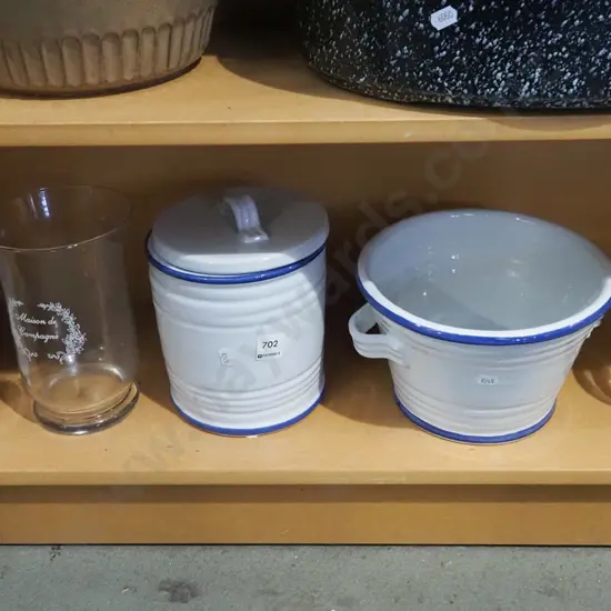 ceramic pail, lidded canisters, vases