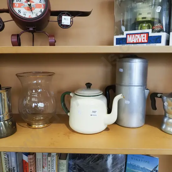 shelf; stove top coffee makers, teapot, vase