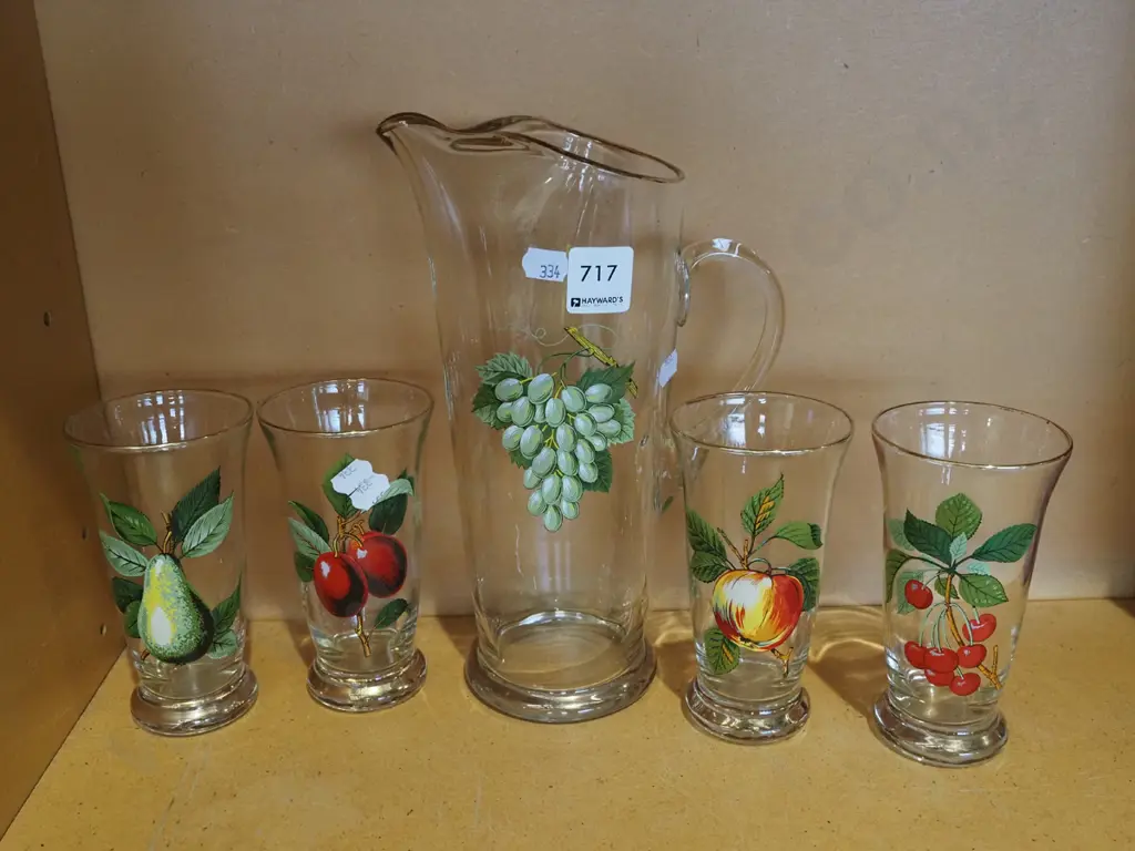 fruit decorated water jug and 4 tumblers Image 1++