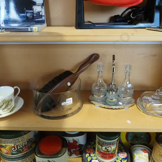 shelf; condiment set, cheese cover dish, cocoa mug etc