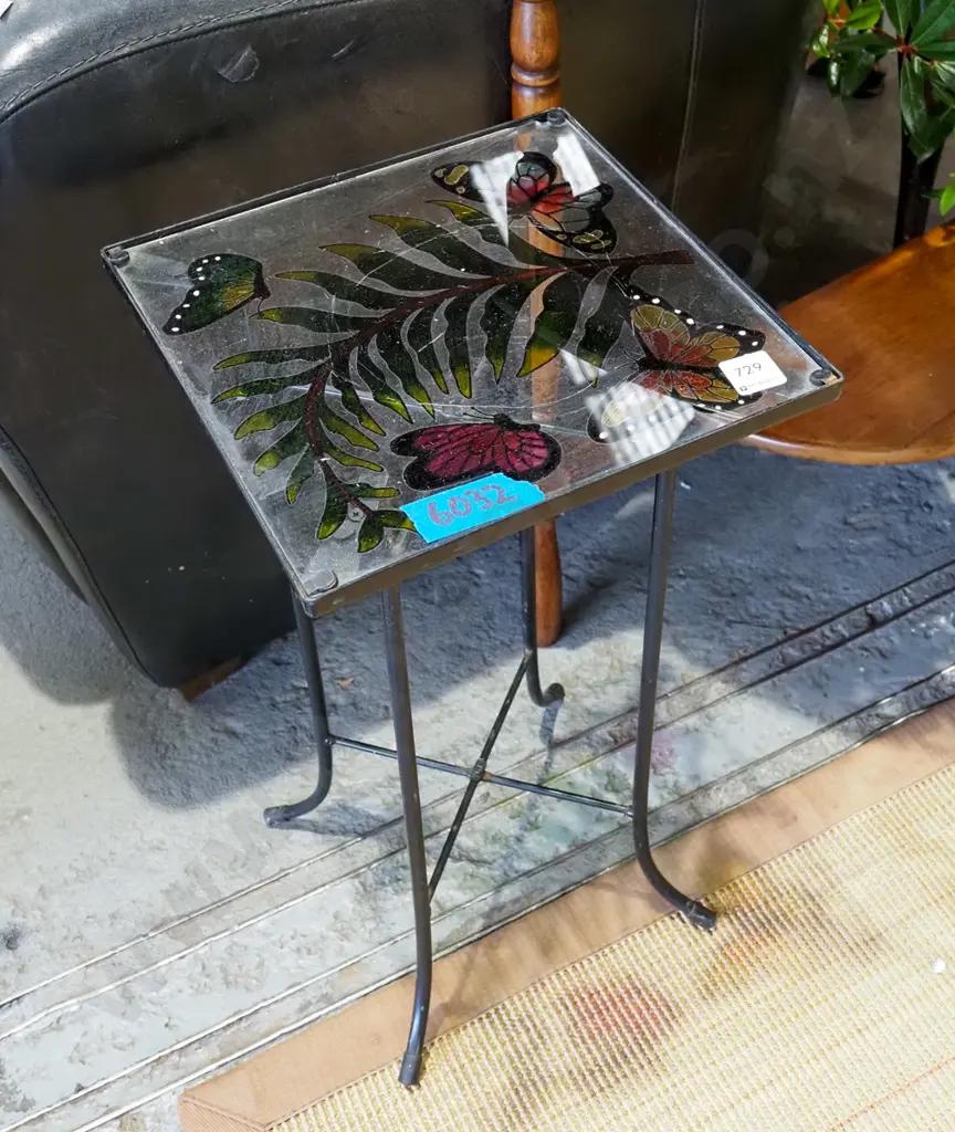 metal glass and butterfly decorated jardiniere stand H520 Image 1++