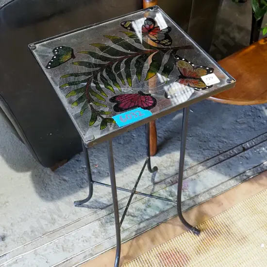 metal glass and butterfly decorated jardiniere stand H520