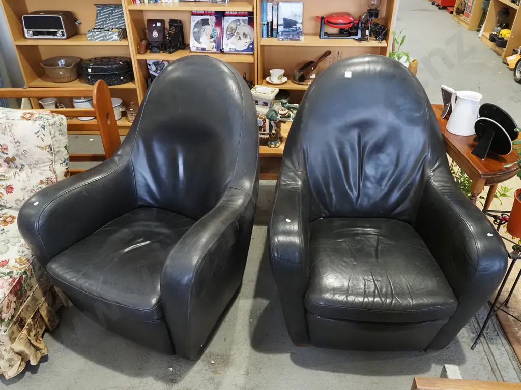 2x black leather armchairs -1 swivels, 1 does not Image 1++