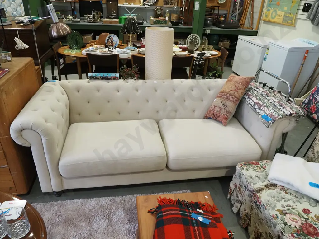 cream upholstered deep buttoned style chesterfield 2 seater settee - slight staining H770 W2100 D830 Image 1++