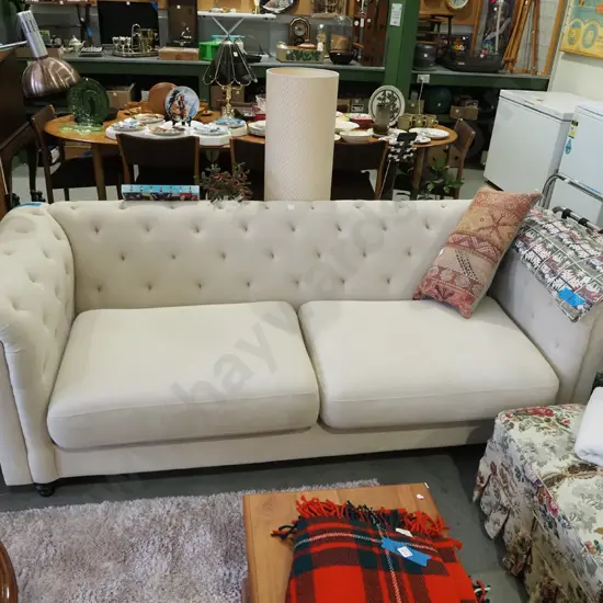 cream upholstered deep buttoned style chesterfield 2 seater settee - slight staining H770 W2100 D830