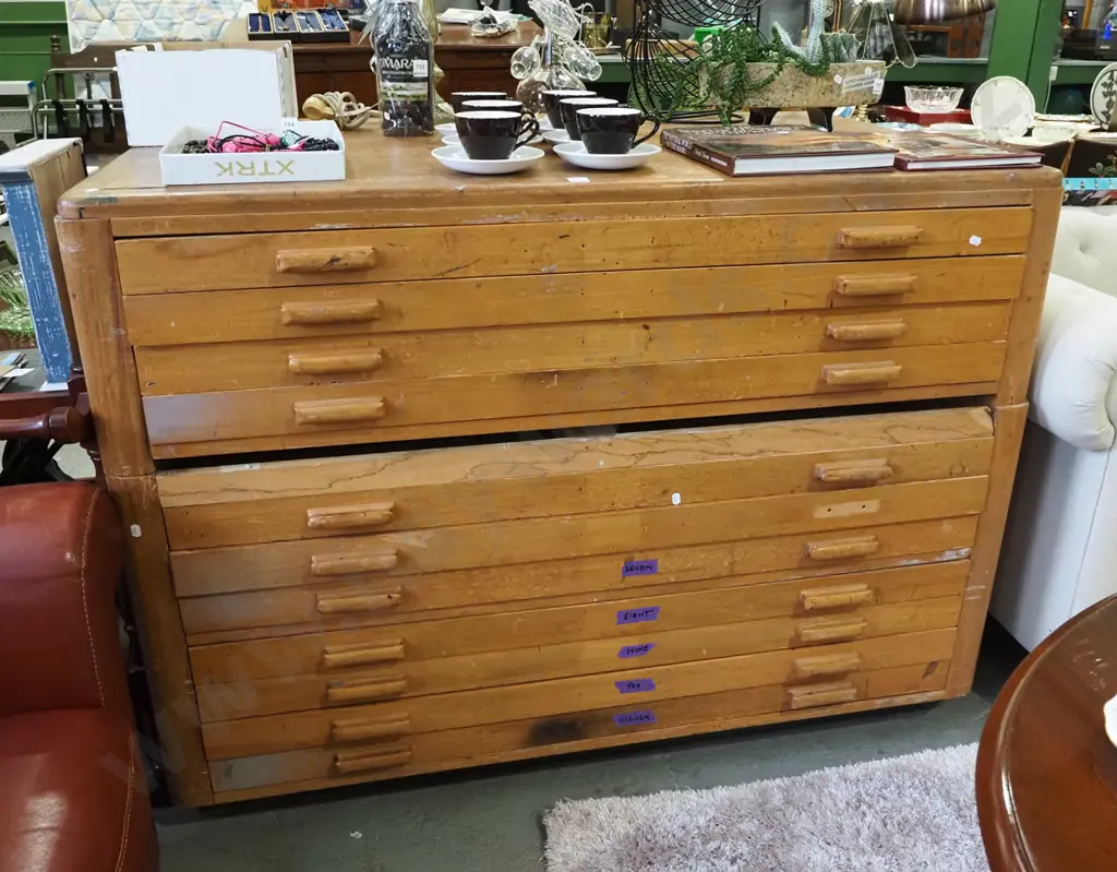 restorer's set of plan drawers - have been cut into 2 pieces - missing 1 drawer - 11 drawers in total Image 1++