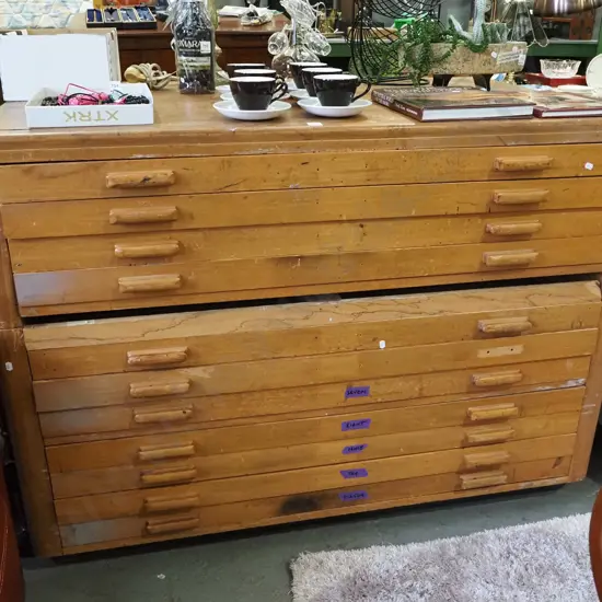 restorer's set of plan drawers - have been cut into 2 pieces - missing 1 drawer - 11 drawers in total
