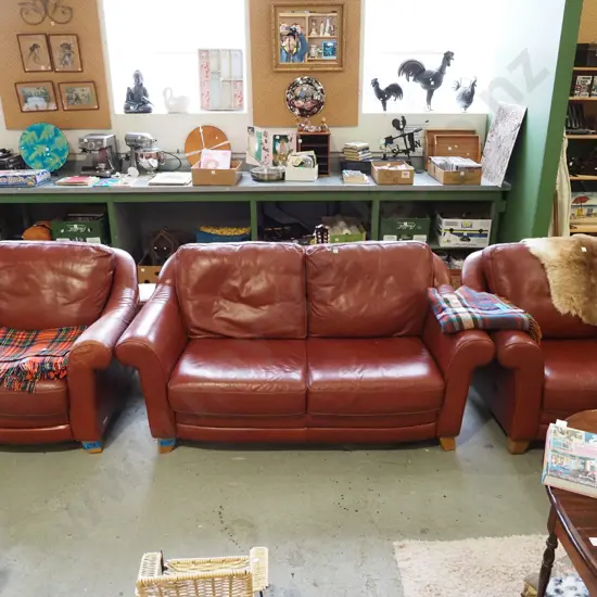 red leather 3 piece lounge suite - 2 seater and 2 singles - 2 seater and 1 chair in good condition