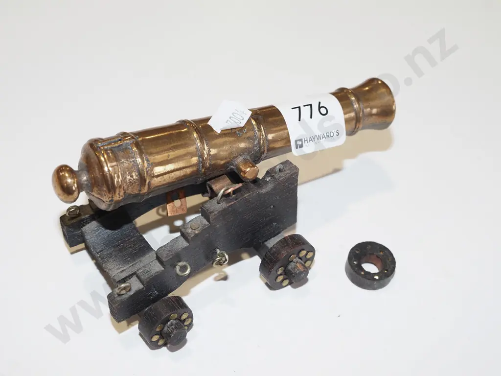 small brass cannon on wooden stand L130 (missing one wheel) Image 1++
