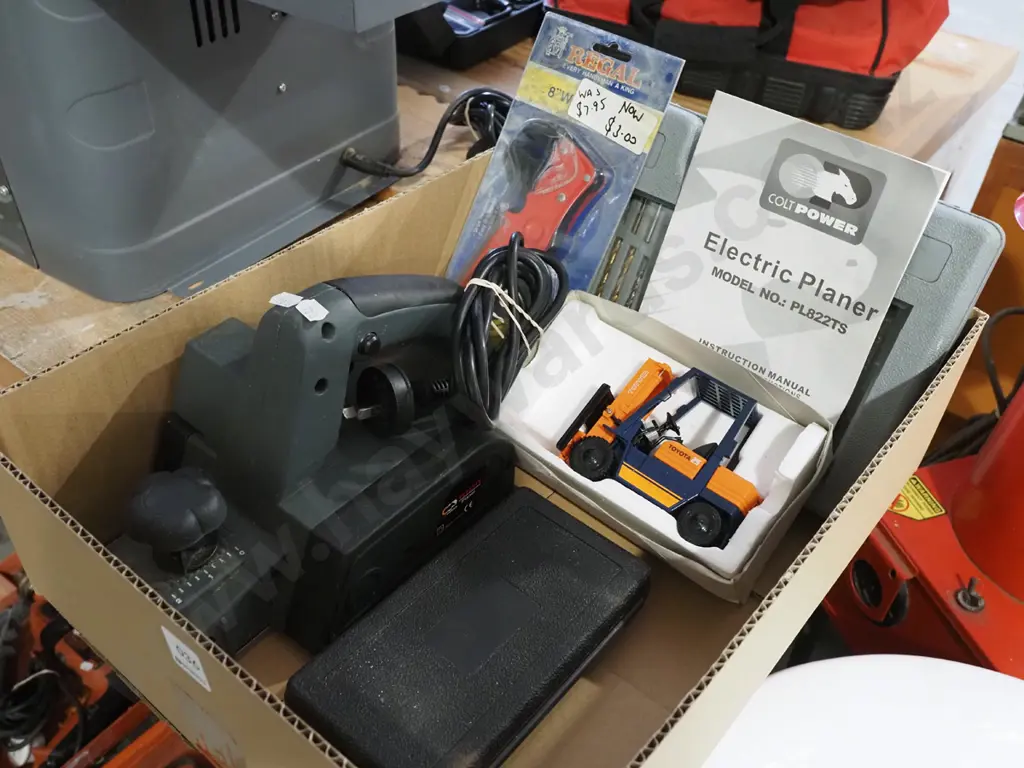 box; electric planer, small socket set, toy fork lift etc Image 1++