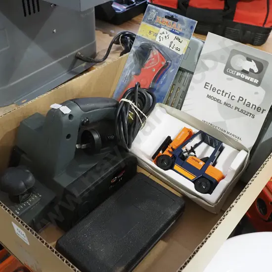 box; electric planer, small socket set, toy fork lift etc