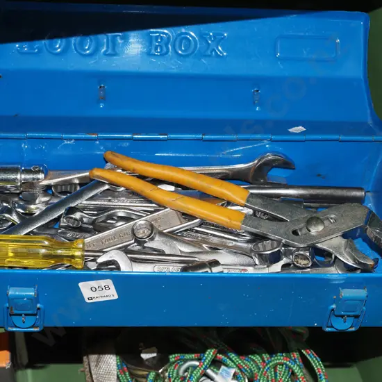 blue metal tool box; spanners, wrenches etc