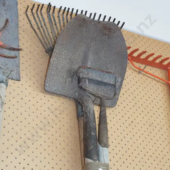 grass rake, shovel, hoe