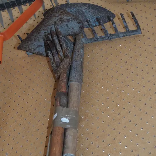 rake, hoes, fork