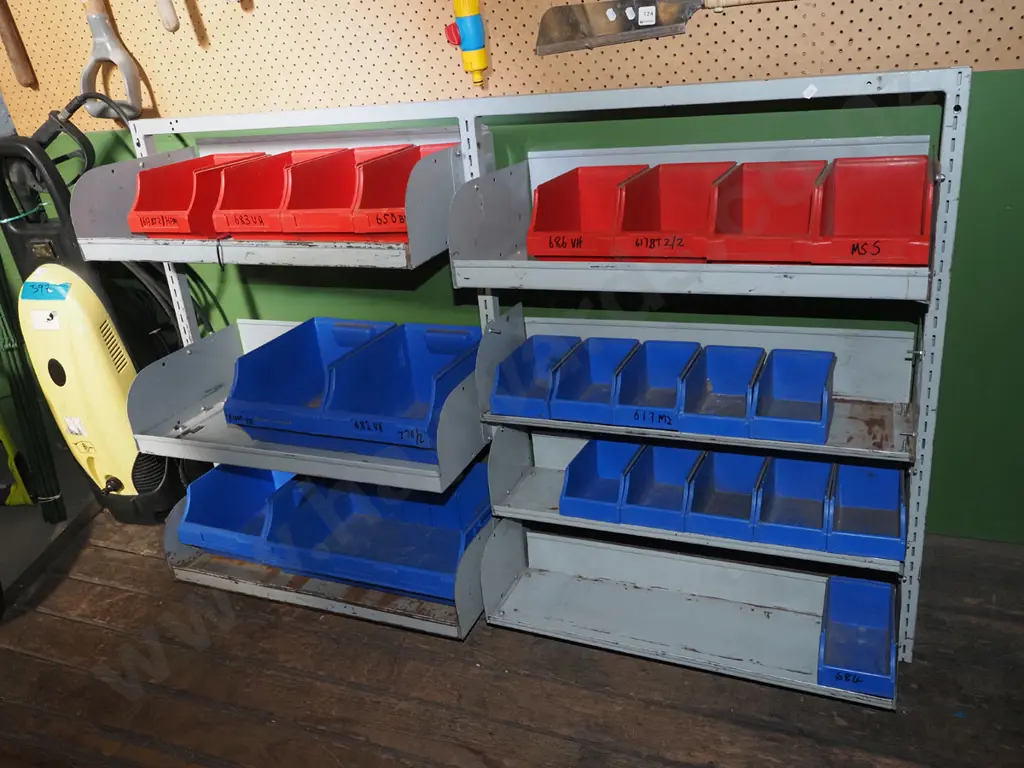 mounted louvered panel and shelf storage rack with red and blue bins H900 W1340 Image 1++