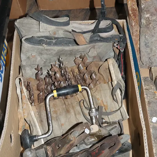 box; hand planes, auger bit, brace, bits, builder's belt