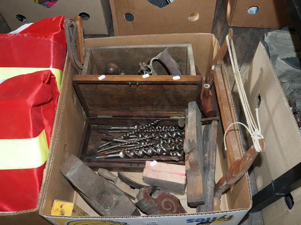 box; auger bits, moulding planes, bow saw etc Image 1++