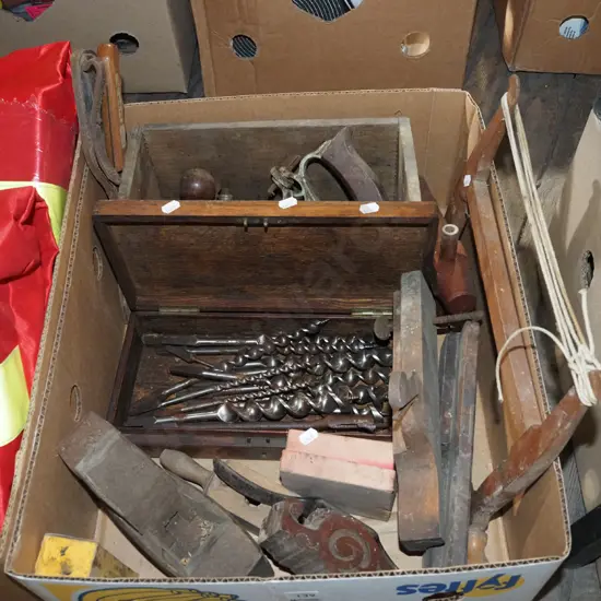 box; auger bits, moulding planes, bow saw etc