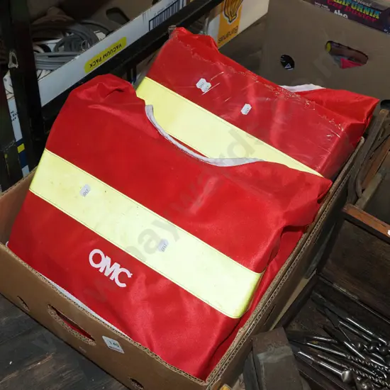 box; 2x OMC life jackets