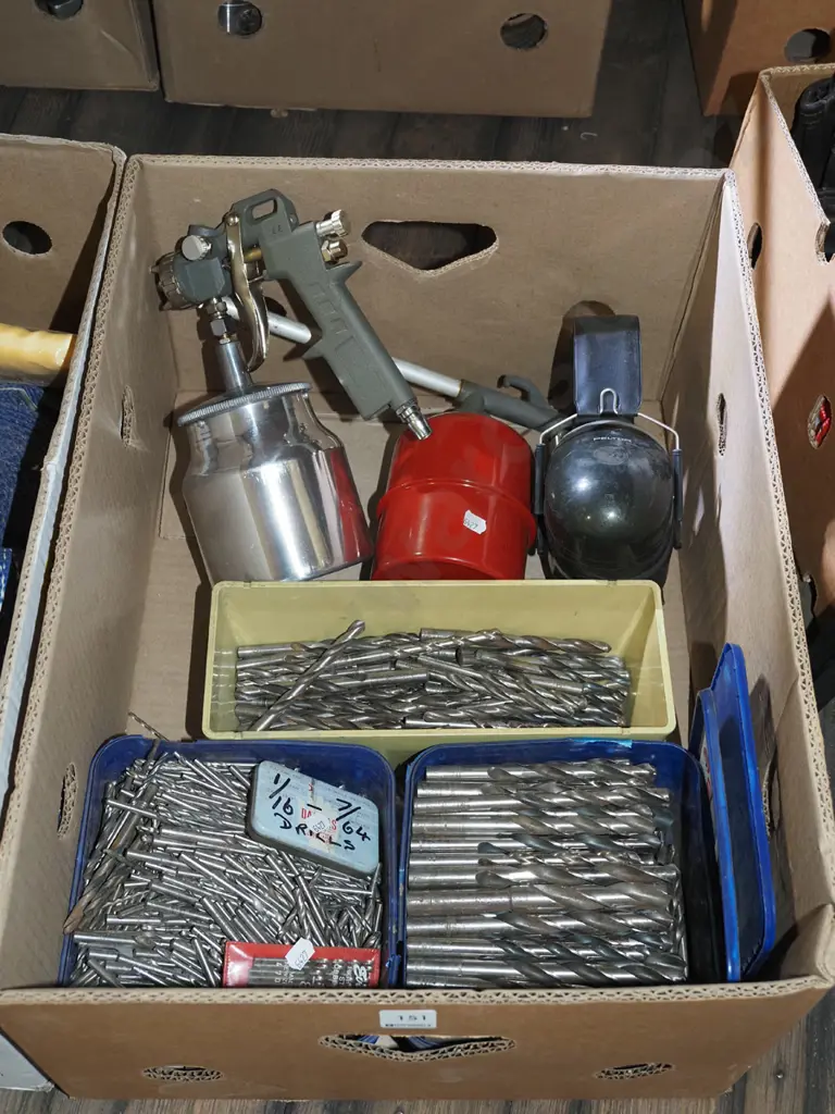box; drill bits, ear muffs, paint sprayer etc Image 1++