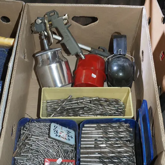 box; drill bits, ear muffs, paint sprayer etc