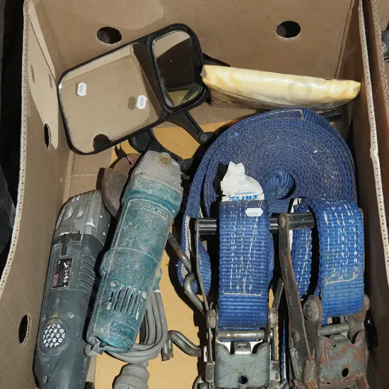 box; load strops, angle grinder, caravan towing mirror etc