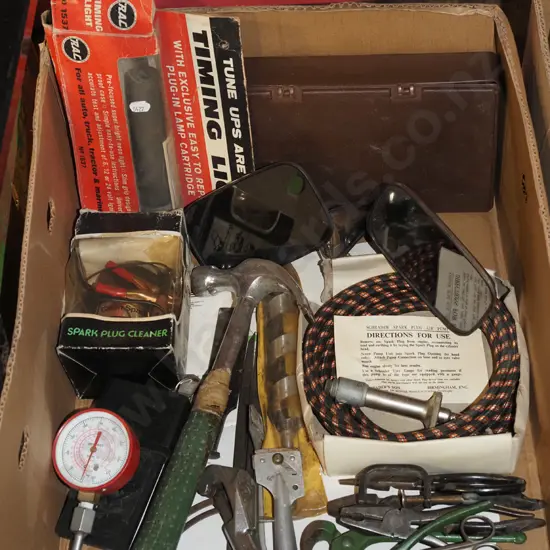 box; car mirrors, pliers, hammer etc
