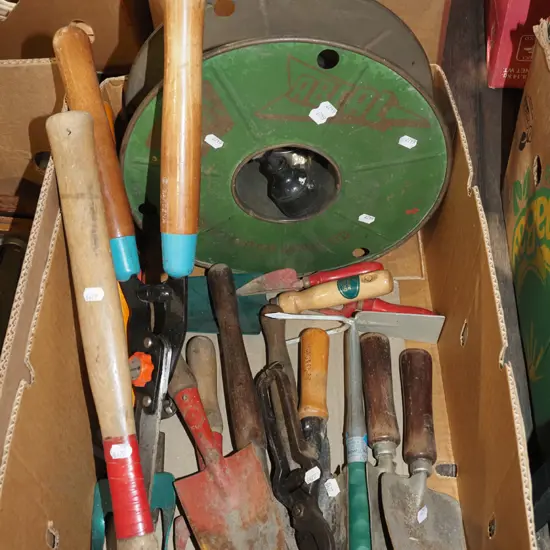 box; garden trowels, hedge trimmers etc