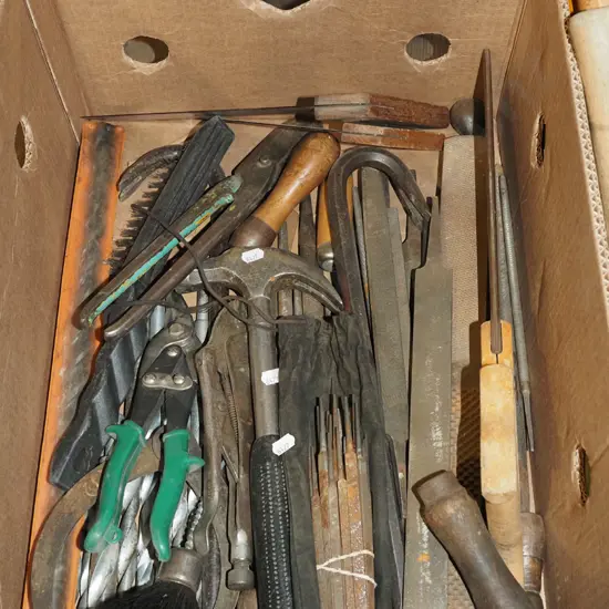 box; hand saw, files, tin snips etc