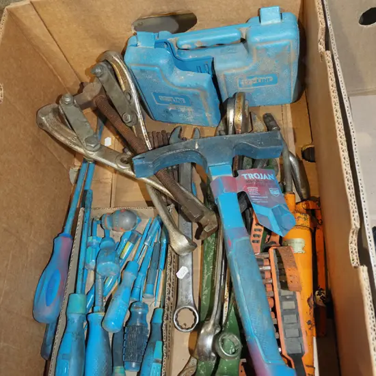 box; screwdrivers, spanners, Scutch hammer