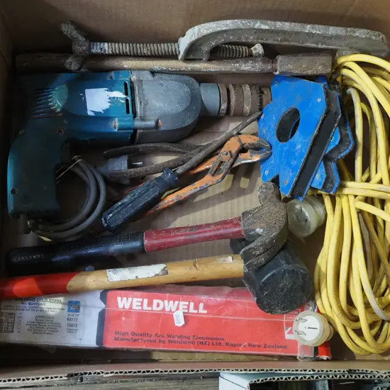 box; extension cord, welding rods, drill etc