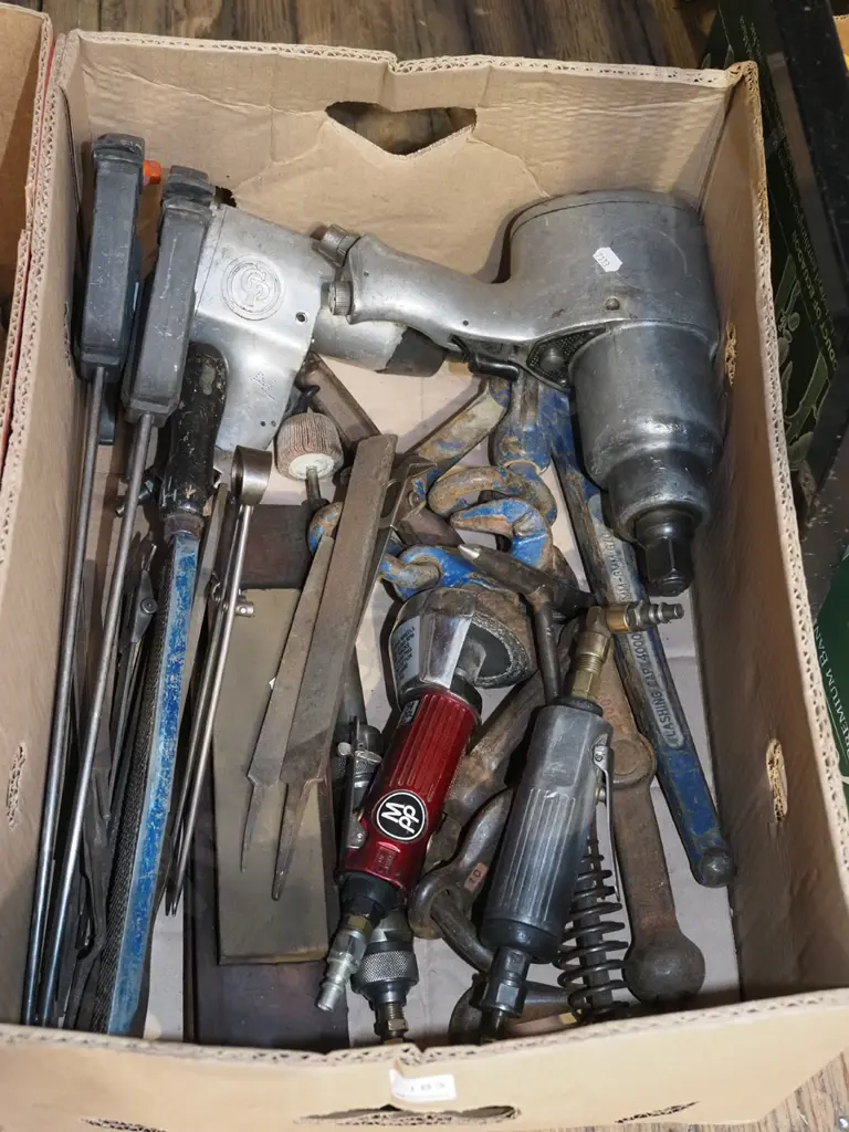 box; air powered tools, clamps, sharpening stone etc Image 1++