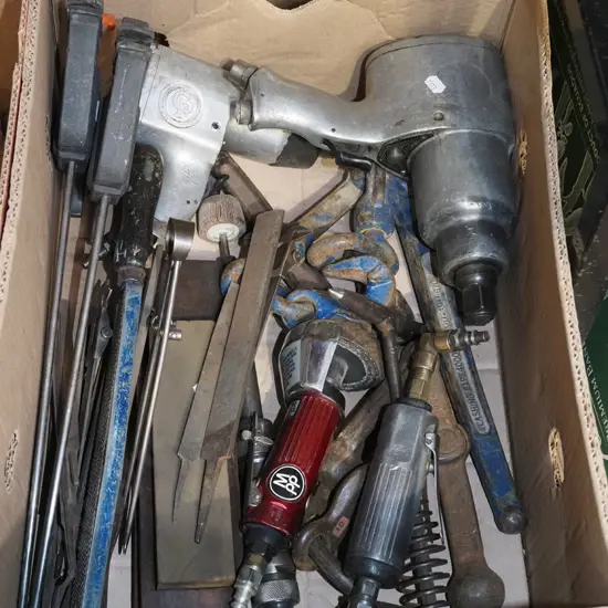 box; air powered tools, clamps, sharpening stone etc