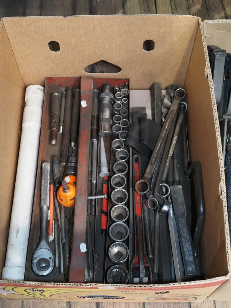 box; part socket set, ring spanners, cold chisels etc Image 1++