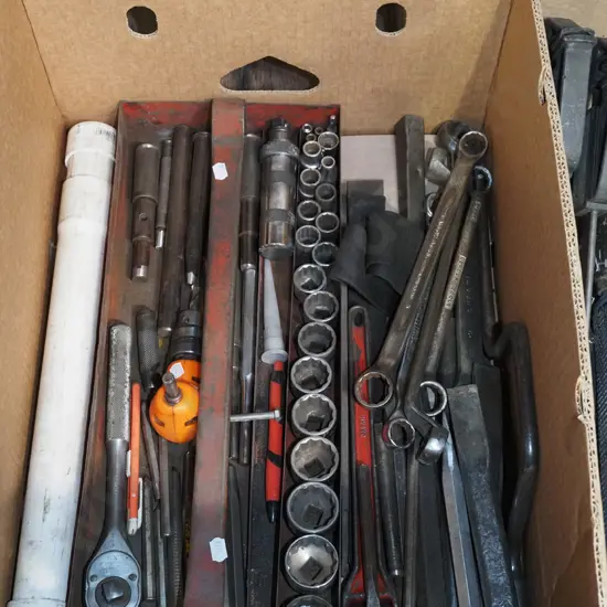 box; part socket set, ring spanners, cold chisels etc