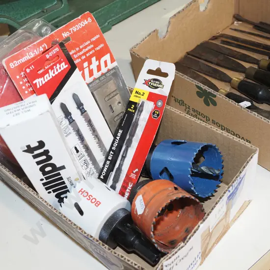 box; hole saws, apoxy putty, sanding discs etc