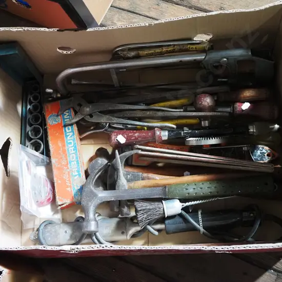 box; hack saw, hammer, sockets, egg beater drill etc